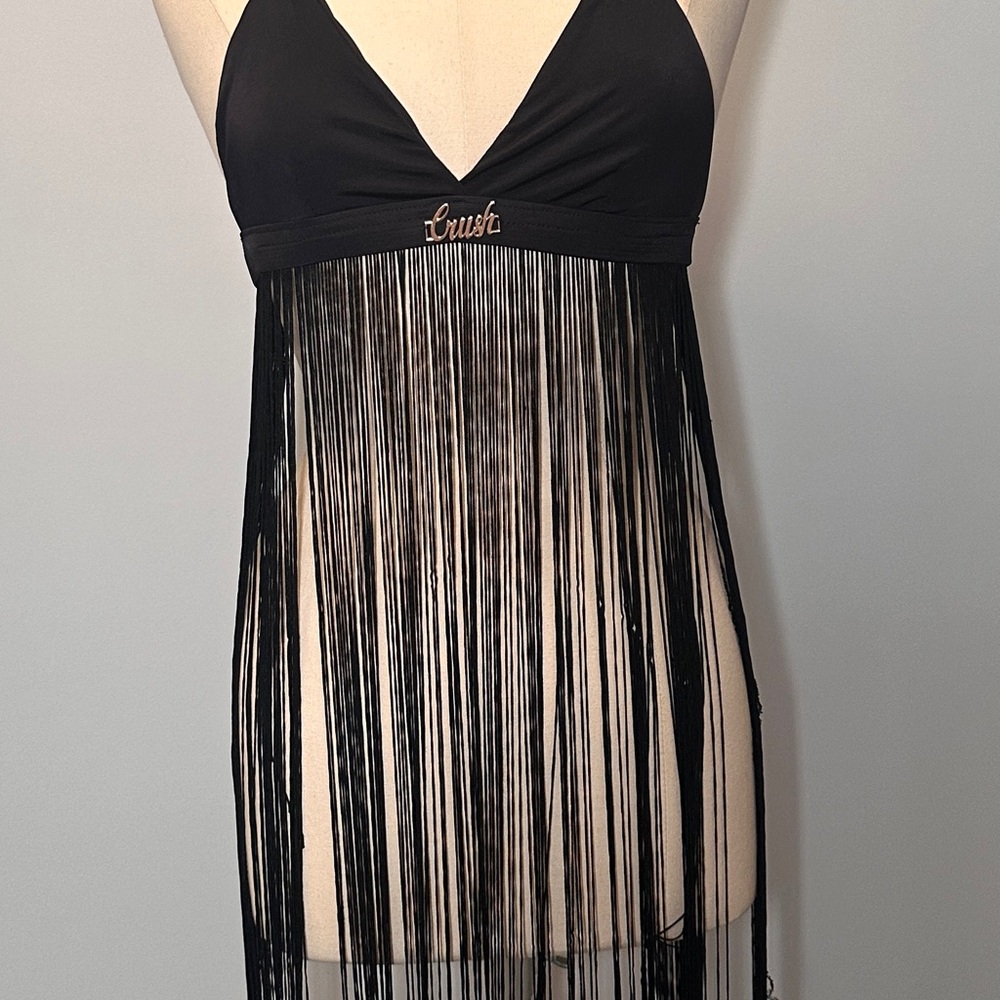 Crush Black Fringe Halter Crop Top